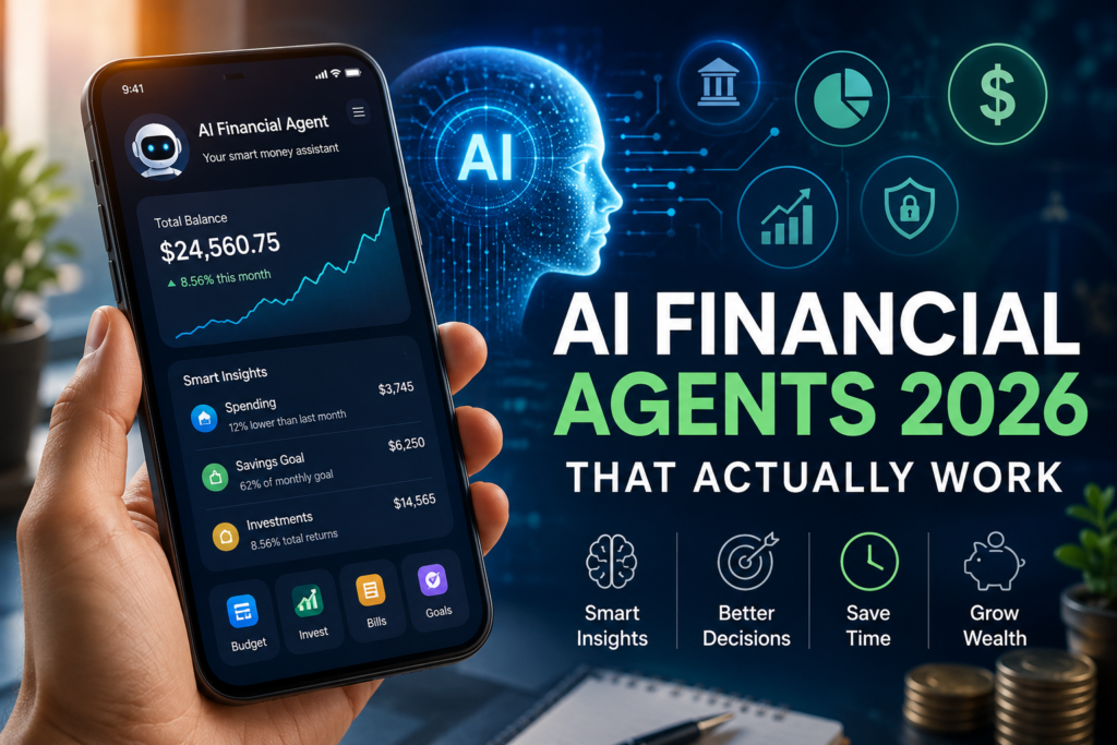 AI Financial Agents 2026 dashboard showing AI-powered budgeting, spending insights, investment tracking, and smart personal finance tools.