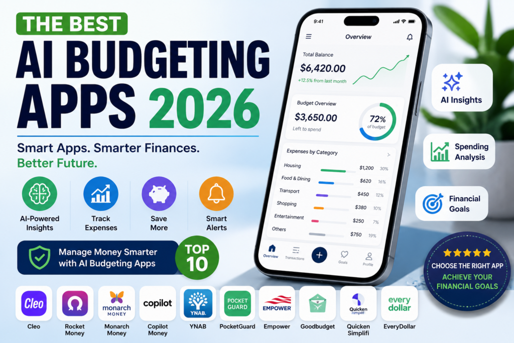 AI Budgeting Apps 2026 dashboard showing smart expense tracking, savings goals, AI financial insights, and monthly budget analytics on a modern smartphone.